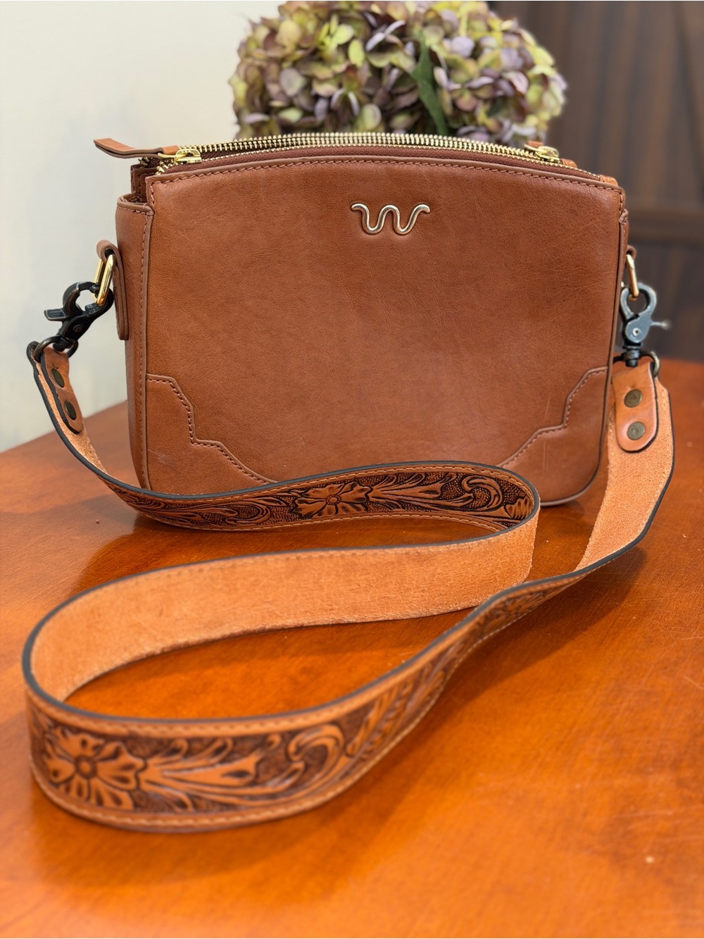 King Ranch Leather Crossbody Bag in Cognac